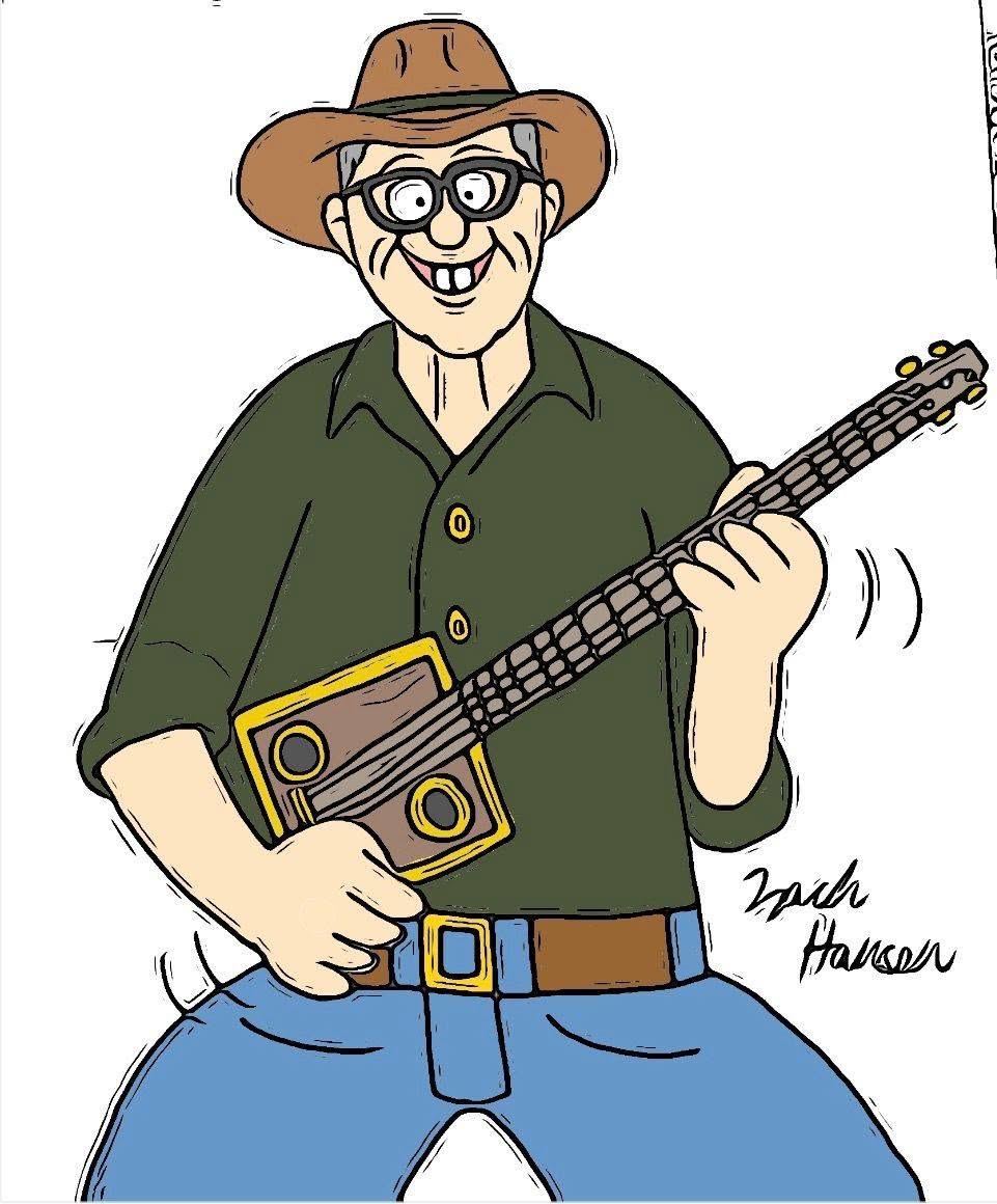 Cartoon of Jim playing a cigar box guitar